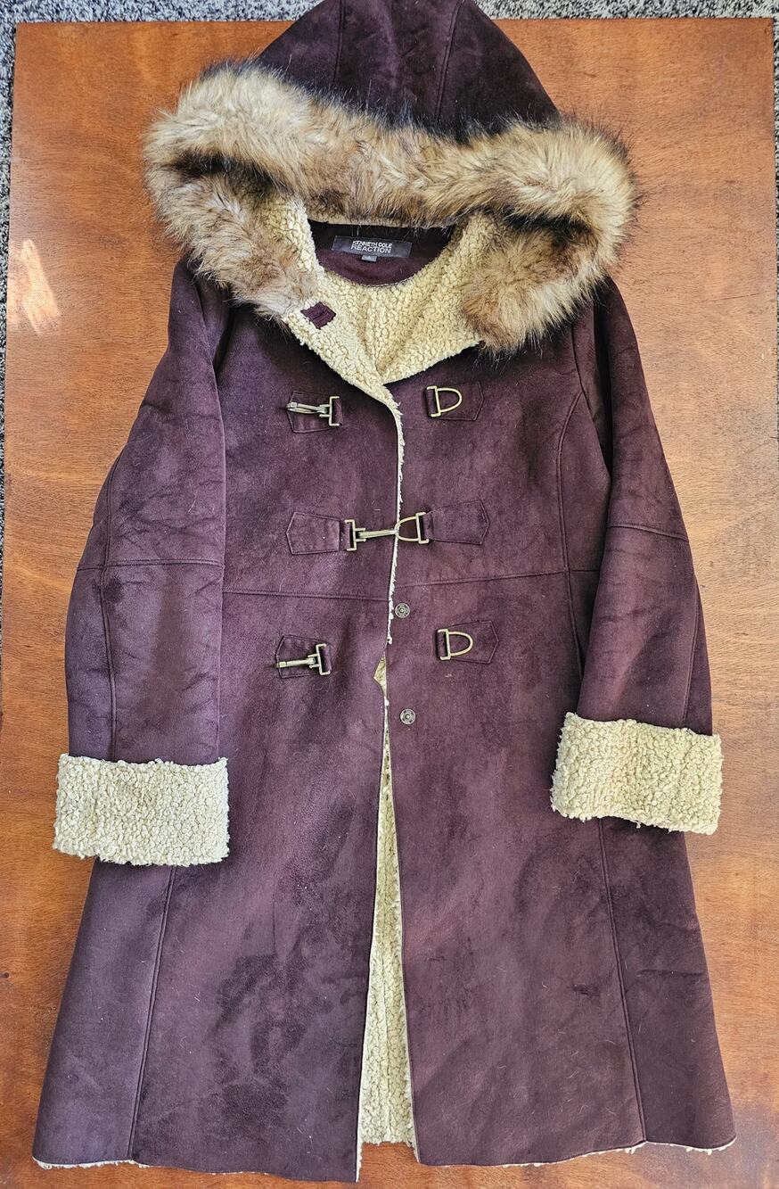 Vintage Y2K Kenneth Cole Faux Suede Penny Lane 70s Style Coat Fur Hood Sz L